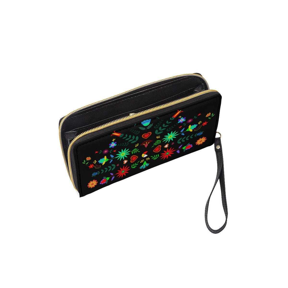 Native Medicine Wheel Floral Long Wallet With Black Hand Strap - Nikikw Designs