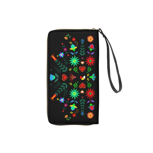 Native Medicine Wheel Floral Long Wallet With Black Hand Strap - Nikikw Designs